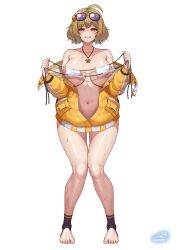 1girl ahoge anis_(nikke) anis_(sparkling_summer)_(nikke) bikini breasts eyewear_on_head full_body goddess_of_victory:_nikke gonster highres huge_breasts jacket looking_at_viewer navel official_alternate_costume open_clothes open_jacket short_hair solo swimsuit thighs unworn_bikini_top white_background white_bikini