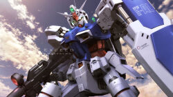 3d beam_rifle cloud earth_federation_space_forces energy_gun english_text glowing glowing_eyes gundam gundam_0083 gundam_gp-01_zephyranthes highres looking_at_viewer looking_down machinery mecha mecha_focus mobile_suit no_humans radio_antenna realistic robot roundel s.hasegawa science_fiction shield signature v-fin weapon
