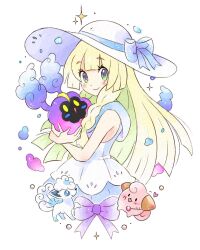 1girl alolan_form alolan_vulpix bare_shoulders blonde_hair blue_ribbon braid carrutsoup cleffa cosmog dress gen_2_pokemon gen_7_pokemon green_eyes hat heart highres holding holding_pokemon horns legendary_pokemon lillie_(pokemon) long_hair looking_at_viewer multiple_tails nintendo pokemon pokemon_(creature) pokemon_sm purple_ribbon ribbon simple_background sleeveless sleeveless_dress smile solo sparkle sun_hat tail tongue tongue_out twin_braids upper_body white_background white_dress white_hat