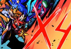 Rule 34 | armor, ballistamon, blue eyes, character name, digimon, digimon (creature), digimon xros wars, dorulumon, evolutionary line, fangs, highres, holding, holding sword, holding weapon, horns, mecha, pickmon, red armor, red eyes, ridgeone, robot, sharp teeth, shoutmon, shoutmon x4, solo focus, starmon (digimon xros wars), sword, teeth, weapon, yellow eyes