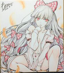 1girl arm_belt bloomers bow breasts collarbone commentary_request dated falling_feathers feathers fujiwara_no_mokou grey_hair hair_bow highres long_hair long_sleeves looking_at_viewer monety multiple_hair_bows naked_shirt open_clothes open_shirt orange_feathers red_eyes shikishi shirt signature sitting solo touhou traditional_media underwear very_long_hair white_bloomers white_shirt