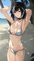 1girl absurdres ahoge armpits beach bikini black_choker black_hair blue_hair blue_sky breasts brown_eyes choker cloud commentary cross cross_earrings cross_necklace day earrings english_commentary halterneck highres irene_(kanniiepan) jewelry kanniiepan looking_at_viewer medium_breasts mole mole_on_breast multicolored_hair navel necklace ocean original outdoors palm_tree parted_lips presenting_armpit revision short_hair side-tie_bikini_bottom silver_bikini single_earring sky solo standing stomach streaked_hair string_bikini sweat swimsuit thighs tree two-tone_hair