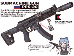1girl :3 :d ammunition_pouch black_gloves blue_bow blue_eyes blue_hair bow bowtie bulletproof_vest character_charm character_doll charm_(object) chibi cirno closed_mouth commentary company_name cropped_torso cyrillic english_commentary english_text folding_stock gloves gun hair_bow highres holding holding_gun holding_weapon jitome light_blue_hair load_bearing_vest logo open_mouth potatoez pouch pp-19-01_vityaz puffy_short_sleeves puffy_sleeves red_bow red_bowtie russian_flag russian_text scratches shards shirt short_hair short_sleeves sidelocks simple_background skirt skirt_set smile solo speech_bubble submachine_gun suppressor talking touhou translated upper_body weapon weapon_focus weapon_name white_background white_shirt
