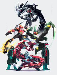 6+boys absurdres armor black_bodysuit bodysuit character_request cyclone_(kamen_rider) fire green_armor grey_background highres kamen_rider kamen_rider_1 kamen_rider_1_(shin) kamen_rider_2 kamen_rider_2_(shin) kamen_rider_agito_(series) kamen_rider_gills kamen_rider_kabuto kamen_rider_kabuto_(series) kamen_rider_ryuga kamen_rider_ryuki kamen_rider_ryuki_(series) multiple_boys non-humanoid_robot penpenhuihui red_bodysuit rider_kick robot robot_dragon shin_kamen_rider simple_background v_buckle