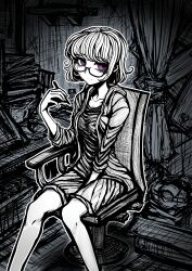 Rule 34 | 1girl, absurdres, breasts, expressionless, glasses, highres, holding, holding pen, indoors, jacket, looking at viewer, messy room, monochrome, nazo no diaboro, open clothes, open jacket, original, pen, purple eyes, ringed eyes, self-portrait, short hair, sitting, skirt, small breasts, solo, spot color