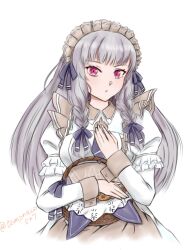 1girl apron basket biscuit_(bread) bow braid breasts brown_apron closed_mouth cookie dress fire_emblem fire_emblem:_three_houses fire_emblem_heroes food grey_apron hair_bow hair_ornament hair_ribbon highres holding holding_basket juliet_sleeves long_hair long_sleeves looking_at_viewer lysithea_von_ordelia lysithea_von_ordelia_(tea_party) maid maid_headdress nintendo official_alternate_costume official_alternate_hairstyle pink_eyes puffy_sleeves purple_ribbon ribbon simple_background small_breasts solo tomoneco527 twin_braids white_background white_dress white_hair