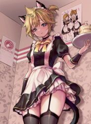 1boy 3: :3 :d animal_ears apron azulasi back_bow black_choker black_sleeves blonde_hair blush bow bowtie breasts cake cat_ears cat_tail choker closed_mouth copyright_name crossdressing detached_sleeves dress fishnets food frilled_dress frills hair_bow heart heart_hands_failure highres holding holding_plate kagamine_len kagamine_rin looking_at_viewer loose_socks maid maid_apron maid_headdress male_with_breasts nose open_mouth plate ponytail poster_(object) short_hair short_ponytail small_sweatdrop smile socks solo sparkle star_(symbol) sweat sweatdrop tail thighhighs thighs trap vocaloid wavy_mouth white_apron white_bow white_socks yellow_bow yellow_bowtie
