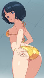 1girl ass bikini black_hair breasts bright_pupils commentary gold_bikini gundam gundam_gquuuuuux highres looking_at_viewer medium_breasts om_(nk2007) shiiko_sugai short_hair solo swimsuit white_pupils