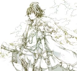 1boy 1girl ahoge aldo_(another_eden) another_eden arm_at_side arm_behind_back arm_guards armor belt_pouch boots brother_and_sister brown_theme cape capelet closed_mouth cloud collarbone collared_capelet commentary_request cowboy_shot dress feinne_(another_eden) floating_cape floating_hair flower from_side gauntlets greatsword hair_flower hair_ornament hand_on_own_elbow hatching_(texture) jewelry light_smile linear_hatching long_sleeves looking_ahead michibata_65 monochrome necklace outdoors pants pendant popped_collar pouch profile scabbard sheath shirt short_dress short_hair shoulder_armor shoulder_belt siblings side-by-side sky sleeveless sleeveless_dress standing strap sword thigh_boots v-neck weapon