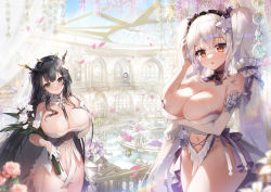 3girls alternate_costume antlers apple_caramel arm_under_breasts azur_lane babydoll bare_shoulders breasts choker cleavage closed_mouth cowboy_shot crystal curtains elbow_gloves falling_petals flower formidable_(azur_lane) formidable_(timeless_classics)_(azur_lane) fountain frilled_choker frilled_hairband frills glass_ceiling gloves hair_flower hair_ornament hairband half_gloves highres holding holding_flower horns illustrious_(azur_lane) indomitable_(azur_lane) indoors large_breasts long_hair maid_headdress manjuu_(azur_lane) multiple_girls navel necktie no_panties palace parted_lips petals pink_flower purple_flower red_eyes revealing_clothes scenery see-through_clothes smile sparkle thighs twintails white_choker white_flower white_gloves white_hair
