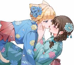 2girls animal_ears blonde_hair blue_eyes blue_flower blue_kimono blush braid brown_hair cat_ears cat_girl cat_tail commentary floral_print floral_print_kimono flower hair_flower hair_ornament highres holding_own_arm japanese_clothes kemonomimi_mode kimono long_sleeves multiple_girls nekoyashiki_mayu nekoyashiki_yuki obi open_mouth pink_eyes precure print_kimono sash simple_background single_braid symbol-only_commentary tail tongue tongue_out white_background wonderful_precure! xiongbingbisata yuri