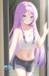 1girl :o absurdres alternate_costume artist_name black_shorts blue_eyes blush braid camisole citlali_(genshin_impact) cleavage_cutout clothing_cutout commentary_request dolphin_shorts doorway facial_mark genshin_impact highres hyakuya_iori long_hair looking_at_viewer midriff navel pink_hair pov_doorway shorts solo squeans tile_floor tiles triangle triangle_facial_mark twin_braids twitter_username very_long_hair white_camisole