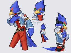 1boy beak belt bird_boy closed_mouth commentary crossed_arms falco_lombardi furry furry_male green_eyes grey_background highres jacket male_focus multiple_views nintendo open_clothes open_jacket pruh signature simple_background smile standing star_fox symbol-only_commentary tail white_jacket