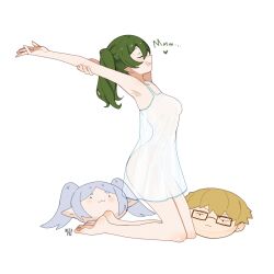 Rule 34 | 1girl, absurdres, armpits, artist name, barefoot, blush, breasts, character doll, closed eyes, commentary, doll, english commentary, feet, frieren, from side, green hair, heart, highres, holding own arm, kneeling, land (sousou no frieren), long hair, medium breasts, netapai1, nightgown, open mouth, ponytail, profile, see-through silhouette, sideways mouth, simple background, sleepwear, smile, soles, solo, sousou no frieren, stretching, toes, ubel (sousou no frieren), white background, white nightgown