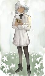Rule 34 | 1boy, black footwear, black leggings, black ribbon, blue eyes, book, closed mouth, collared shirt, crossed arms, dark-skinned male, dark skin, flower, grass, highres, holding, holding book, holding flower, leggings, long shirt, long sleeves, looking at viewer, male focus, metaphor: refantazio, neck ribbon, ribbon, samerkgk, shirt, solo, standing, the prince (metaphor: refantazio), white background, white flower, white hair, white shirt, wing collar