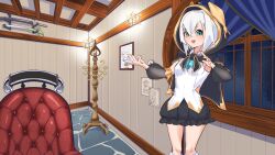 1girl ars_almal ars_almal_(1st_costume) blue_eyes breasts cape ceiling chair commission curtains dress highres hood hoodie indoors knee_up knees_up looking_at_viewer night nijisanji open_mouth room short_hair skirt smile solo standing stone_floor thighs virtual_youtuber white_hair window