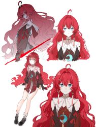 1girl ahoge alternate_hair_length alternate_hairstyle bare_legs black_shirt blue_eyes closed_mouth clothing_cutout collar commentary_request danjin_(wuthering_waves) earrings hair_intakes hair_ornament highres hoop_earrings jewelry legs looking_at_viewer multiple_views red_hair sbs shirt shoulder_cutout simple_background tacet_mark_(wuthering_waves) white_background white_collar wuthering_waves