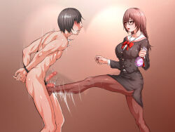 1boy 1girl aho_manten arms_behind_back bag ball_busting bound bound_wrists censored crotch_kick holding holding_bag mosaic_censoring school_uniform serafuku