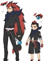 10s 2boys aged_down aged_up belt black_hair blue_eyes chain fingerless_gloves frown gen_5_pokemon gloves grin hair_ornament image_sample jacket kuroko long_hair long_sleeves male_focus multicolored_hair multiple_boys navel nintendo personification pixiv_sample pokemon pokemon_bw red_hair resized scarf short_hair shorts sleeves_past_wrists sleeves_rolled_up smile two-tone_hair zoroark zorua