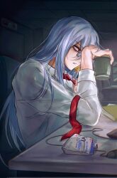 Rule 34 | 1boy, bags under eyes, collared shirt, computer mouse, cup, desk, disposable coffee cup, disposable cup, glasses, hair between eyes, highres, holding, holding cup, ichinose kazuma, ikiaszhsa, looking ahead, male focus, necktie, office, pulling own clothes, red eyes, red necktie, salaryman, shirt, sitting, solo, tribe nine, white shirt