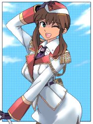 1girl blue_eyes brown_hair female_focus gloves lowres one_eye_closed original pantyhose punpun solo twintails uniform wink
