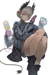 1girl 1other :d ^_^ arknights black_gloves black_jacket blush chibi closed_eyes commentary_request covered_collarbone dark-skinned_female dark_skin doctor_(arknights) earrings electric_plug electric_plug_tail extra_arms facing_viewer gloves grey_hair grin highres holding jacket jewelry motherly motivation_(user_kace3282) open_mouth own_hands_together palms_together partial_commentary pink_gloves raidian_(arknights) short_hair simple_background smile tail turtleneck white_background