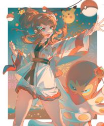 Rule 34 | 1girl, :d, alternate color, bakutiku, blue eyes, blurry, border, brown hair, candy apple, clenched hand, commentary request, floating hair, food, gen 1 pokemon, gen 8 pokemon, grapploct, highres, hilda (pokemon), hilda (summer 2022) (pokemon), jacket, long hair, nintendo, official alternate costume, open mouth, outstretched arm, pikachu, poke ball, poke ball (basic), pokemon, pokemon (creature), pokemon masters ex, sash, shiny pokemon, shorts, sidelocks, smile, spread fingers, tongue, white border, white jacket, white shorts