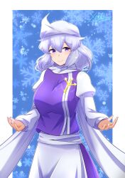 1girl absurdres apron blue_hair border breasts closed_mouth commentary_request cowboy_shot happy hat highres juliet_sleeves lapel_pin letty_whiterock long_sleeves medium_breasts medium_hair puffy_sleeves purple_skirt purple_vest scarf shirt skirt smile snowflakes solo touhou upper_body vest waist_apron white_apron white_border white_hat white_scarf white_shirt xen0moonz