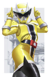 1girl armor avataro_sentai_donbrothers border cowboy_shot dress helmet highres horns horns_pose maddog oni_sister short_dress shoulder_pads solo super_sentai tokusatsu white_border yellow_armor yellow_dress yellow_helmet