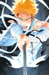 Rule 34 | 1boy, absurdres, bandaged arm, bandaged chest, bandages, black kimono, bleach, blood, blood on face, blurry, brown eyes, commentary, cowboy shot, dakaeya, depth of field, floating hair, forehead, foreshortening, glowing, glowing eyes, grey background, hand on own arm, highres, holding, holding sword, holding weapon, japanese clothes, kimono, kurosaki ichigo, light particles, looking at viewer, male focus, open mouth, orange hair, outstretched arm, serious, short hair, simple background, solo, spiked hair, straight-on, sword, teeth, tongue, torn clothes, torn kimono, v-shaped eyebrows, weapon, zangetsu (shikai)