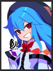 1girl alternate_costume black_hat blue_hair blush brodall_pixel buttons capelet collared_shirt food fruit fruit_hat_ornament gradient_clothes hair_between_eyes hand_on_own_hip hat hat_ornament hinanawi_tenshi long_hair looking_to_the_side peach peach_hat_ornament rainbow_gradient red_eyes shirt signature smile teeth touhou white_capelet white_shirt