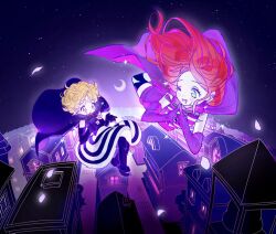2girls blonde_hair cape chocolat_meilleure elbow_gloves falling floating_hair gloves green_eyes hashtag-only_commentary highres long_hair moon multiple_girls night night_sky one_eye_closed orange_hair outdoors purple_eyes short_hair sky smile striped_clothes striped_thighhighs sugar_sugar_rune thighhighs vanilla_mieux witch zznz1