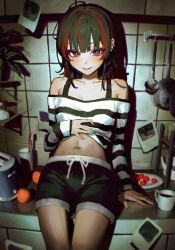1girl absurdres arm_at_side arm_support black_hair black_shorts blush bra_strap bright_pupils character_request clothes_lift collarbone commentary copyright_request counter cowboy_shot cup earclip english_commentary film_grain food fruit frying_pan hand_on_own_stomach highres kinoruru_toiro kitchen ladle long_hair long_sleeves looking_at_viewer midriff multicolored_hair navel off-shoulder_sweater off_shoulder on_counter parted_lips purple_eyes red_streaks shorts sitting smile solo streaked_hair striped_clothes striped_sweater sweater sweater_lift teacup thick_eyelashes tile_wall tiles toaster toothbrush white_pupils