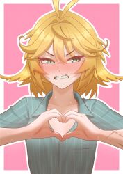 1girl absurdres antenna_hair aqua_shirt averting_eyes blonde_hair blush border breasts cipher4109 clenched_teeth collarbone commentary dokibird_(vtuber) dokibird_(vtuber)_(bounty_hunter) embarrassed english_commentary feather_hair green_eyes green_shirt hair_intakes hands_up heart heart_hands highres indie_virtual_youtuber medium_hair nose_blush open_collar outline peanut_mouth pink_background pinstripe_pattern pinstripe_shirt scar scar_on_arm scowl shadow shirt simple_background small_breasts solo straight-on sweat teeth upper_body very_sweaty virtual_youtuber white_border