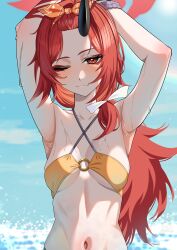 1girl absurdres armpits arms_up bangs_pinned_back bikini blue_archive blush closed_mouth dragon_girl dragon_horns hairband highres horns ito_(ito577) looking_at_viewer navel official_alternate_costume official_alternate_hairstyle one_eye_closed orange_hairband red_eyes red_hair renge_(blue_archive) renge_(swimsuit)_(blue_archive) solo swimsuit yellow_bikini