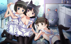 3girls animal_ears apron aquarium areola_slip bare_shoulders black_legwear blue_eyes blush breasts brown_eyes brown_hair censored cleavage convenient_censoring drink edogawakid feet fish gokou_hinata gokou_ruri gokou_tamaki hairband hands_on_feet highres kitchen legs long_hair looking_back lying maid maid_apron medium_breasts mole mole_under_eye multiple_girls no_bra no_shoes open_clothes open_mouth ore_no_imouto_ga_konna_ni_kawaii_wake_ga_nai purple_eyes short_hair siblings sisters sitting socks soles thighhighs toes