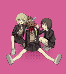 3girls :o absurdres black_hair black_jacket black_necktie black_skirt blonde_hair blood blue_eyes blunt_ends collared_shirt death fang grey_vest halftone highres holding holding_knife jacket kneeling knife looking_at_viewer multiple_girls murder necktie open_mouth original purple_background school_uniform shirt shoes short_hair simple_background skirt squatting suit_jacket v vest white_footwear white_shirt yoon_cook