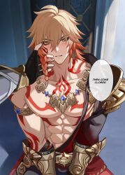 2boys abs arm_tattoo armlet armor bare_pectorals black_coat black_gloves blonde_hair blush braid chest_tattoo clawed_gauntlets coat commentary earrings facial_tattoo fingerless_gloves gloves gold_earrings gold_necklace gradient_hair hair_between_eyes hand_in_another&#039;s_hair highres honkai:_star_rail honkai_(series) jean_warrior00 jewelry large_pectorals looking_at_viewer male_focus medium_hair multicolored_hair multiple_boys muscular muscular_male mydei_(honkai:_star_rail) necklace open_clothes open_coat pauldrons pectorals phainon_(honkai:_star_rail) red_hair red_tattoo shoulder_armor side_braid single_pauldron solo_focus tattoo yaoi yellow_eyes