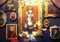 1boy 6+girls absurdres beatrice_(umineko) black_hair blonde_hair brown_hair bug butterfly dlanor_a._knox facing_away framed_image gaap_(umineko) highres insect kiliko-san leviathan_(umineko) lucifer_(umineko) mammon_(umineko) multiple_girls painting_(object) petals ronove_(umineko) shannon_(umineko) spoilers stakes_of_purgatory umineko_no_naku_koro_ni virgilia_(umineko)