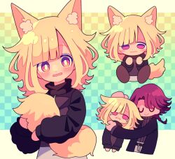 Rule 34 | 1boy, 1girl, animal ear fluff, animal ears, black jacket, black sweater, blonde hair, blush, checkered background, closed eyes, closed mouth, deformed, embarrassed, fangs, fox ears, fox girl, fox tail, gradient background, hair flaps, hashtag-only commentary, highres, holding own tail, hug, jacket, kemonomimi mode, long sleeves, looking at another, looking at viewer, medium hair, multiple views, nervous, ohamihaeru, open clothes, open jacket, original, parted bangs, parted lips, pink eyes, purple eyes, purple hair, smile, sweater, tail, tearing up, turtleneck, turtleneck sweater, u u, urotsuki, wavy mouth, yume 2kki