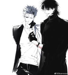 &gt;:) 2boys absurdres artist_name black_gloves blue_hair chinese_commentary closed_mouth collarbone collared_shirt command_spell commentary_request cu_chulainn_(fate) cu_chulainn_(fate/stay_night) earrings fate/stay_night fate_(series) forehead gloves greyscale hair_over_shoulder half_gloves hand_up highres jacket jewelry kotomine_kirei long_hair looking_ahead looking_to_the_side low_ponytail male_focus medium_hair monochrome multiple_boys open_clothes open_jacket pants parted_lips ponytail popped_collar profile red_eyes red_tattoo shirt side-by-side simple_background skanroooo smile smirk spot_color sweater turtleneck turtleneck_sweater upper_body v-neck v-shaped_eyebrows watch watermark weibo_watermark white_background wrist_tattoo wristwatch