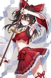 1girl arm_up armpits ascot bow brown_hair collared_shirt commentary cowboy_shot crop_top detached_sleeves frilled_hair_tubes frilled_shirt_collar frilled_skirt frills gohei greenkohgen grey_background hair_bow hair_tubes hakurei_reimu highres holding holding_gohei long_hair long_sleeves looking_at_viewer navel pleated_skirt red_bow red_eyes red_ribbon red_shirt red_skirt ribbon ribbon-trimmed_sleeves ribbon_trim shirt skirt sleeveless sleeveless_shirt solo stomach touhou white_sleeves wide_sleeves yellow_ascot