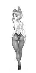 1girl animal_ears ass bare_back dog_ears erune full_body granblue_fantasy greyscale highres leotard looking_back monochrome open_mouth pantyhose playboy_bunny short_hair smile solo thigh_gap transparent_background vajra_(granblue_fantasy) yggsil