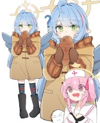 1boy 2girls ? absurdres aged_down ahoge black_footwear blue_archive blue_hair boots brown_coat brown_mittens coat cosplay doodle_sensei_(blue_archive) drooling duffel_coat eating food full_body halo hat heart heart-shaped_pupils highres horie_yui kanon knee_boots looking_at_another mine_(blue_archive) mittens mouth_drool multiple_girls nurse_cap one_side_up pink_hair pointy_ears sensei_(blue_archive) serina_(blue_archive) simple_background symbol-shaped_pupils taiyaki tsukimiya_ayu tsukimiya_ayu_(cosplay) unli_free voice_actor_connection wagashi white_background wings zoom_layer
