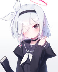 1girl absurdres alternate_hair_length alternate_hairstyle black_choker black_eyes black_hairband black_jacket black_sailor_collar black_serafuku black_shirt black_skirt blue_archive blush braid choker closed_mouth colored_inner_hair hair_over_one_eye hairband highres jacket looking_at_viewer lovelykirby_125 multicolored_hair neckerchief pink_hair plana_(blue_archive) sailor_collar school_uniform serafuku shirt short_hair sidelocks single_braid skirt solo two-tone_hair white_hair white_neckerchief