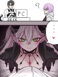 ... 1boy 2girls ? absurdres black_cloak black_hair black_hands blush body_markings breasts bulge choker cloak closed_mouth collarbone colored_extremities commentary_request crossed_bangs demon_girl demon_horns ear_piercing fate/grand_order fate_(series) fujimaru_ritsuka_(male) fujimaru_ritsuka_(male)_(decisive_battle_chaldea_uniform) green_eyes grey_hair hair_between_eyes heart highres horns jacket lilith_(fate) lilith_(second_ascension)_(fate) long_hair mash_kyrielight mcpc_zamurai medium_breasts multiple_girls piercing pink_hair pointy_ears short_hair smile spoken_ellipsis twintails very_long_hair white_jacket