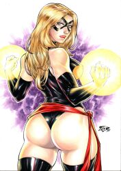 1girl aqua_eyes artist_request ass bare_shoulders black_gloves black_thighhighs blonde_hair blue_eyes breasts breasts_apart carol_danvers cowboy_shot curvy domino_mask elbow_gloves female_focus gloves glowing glowing_hand groin halterneck highleg highleg_leotard highres hip_bones hip_focus huge_ass impossible_clothes large_breasts leotard lightning_bolt_symbol lips long_hair looking_at_viewer marvel mask ms._marvel ms._marvel_(series) shiny_skin skindentation solo standing superhero_costume thigh_gap thighhighs thong_leotard traditional_media turtleneck white_background wide_hips
