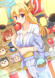 Rule 34 | 1girl, :3, ahoge, alternate costume, amairo islenauts, black bow, blonde hair, blue kimono, blush, bow, breasts, character mask, cleavage, closed mouth, collarbone, commentary request, company connection, covered erect nipples, cowboy shot, dutch angle, floral print, floral print kimono, fuyukichi (nikoniko1567), hair between eyes, hair bow, hair ornament, half updo, hand up, highres, holding candy apple, huge ahoge, japanese clothes, kimono, lantern, large breasts, lena liechtenauer, long hair, looking at viewer, masaki gaillard, mask, night, outdoors, parted lips, ponytail, print kimono, purple eyes, senren banka, short ponytail, smile, solo, summer festival, tomotake yoshino, x hair ornament, yukata, yuzu-soft