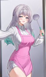 1girl absurdres alternate_costume apron breasts commentary_request cowboy_shot devl_ga_aru firefly_(honkai:_star_rail) gradient_hair green_hair grey_hair highres holding holding_ladle honkai:_star_rail honkai_(series) ladle large_breasts long_hair long_sleeves multicolored_hair open_mouth pink_apron purple_eyes ribbed_sweater solo sweater turtleneck turtleneck_sweater two-tone_hair white_sweater