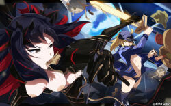 2girls ahoge artist_name black_hair blonde_hair bodysuit breasts breasts_out censored chopsticks cup_ramen excalibur_morgan_(fate) fate/grand_order fate_(series) food food_in_mouth green_eyes hat high_heels highres holding holding_sword holding_weapon ishtar_(fate) jacket knee_socks long_hair medium_breasts multicolored_hair multiple_girls mysterious_heroine_x_(fate) nipples noodles orphen_(pink_seito) panties ponytail pussy ramen red_hair scarf small_breasts space space_ishtar_(fate) sword two-tone_hair underwear weapon